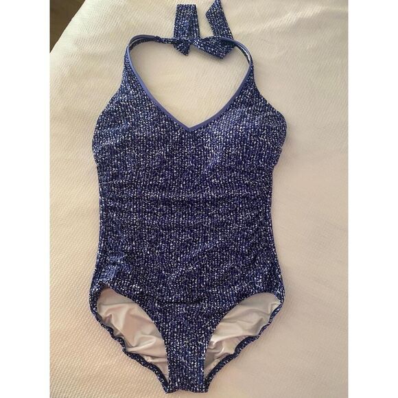 Lands’ End 8 One Piece Swimsuit Blue White Halter Neck slimming - Picture 1 of 6